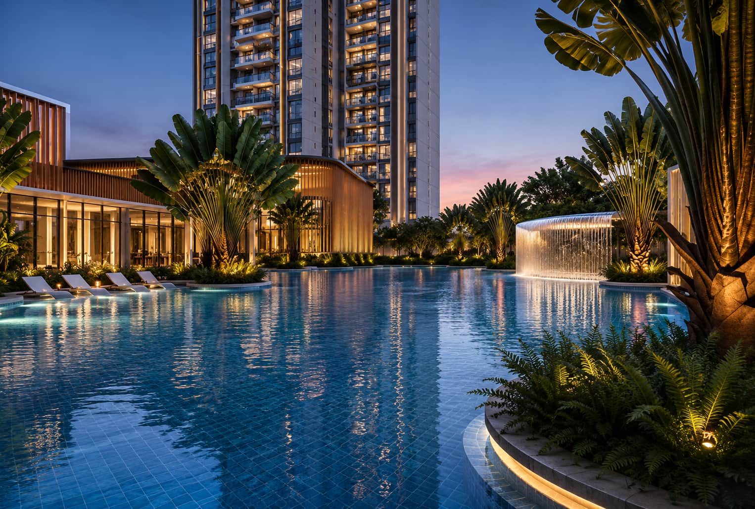 Pool deck at dusk &mdash; Godrej Reserve, Kandivali East