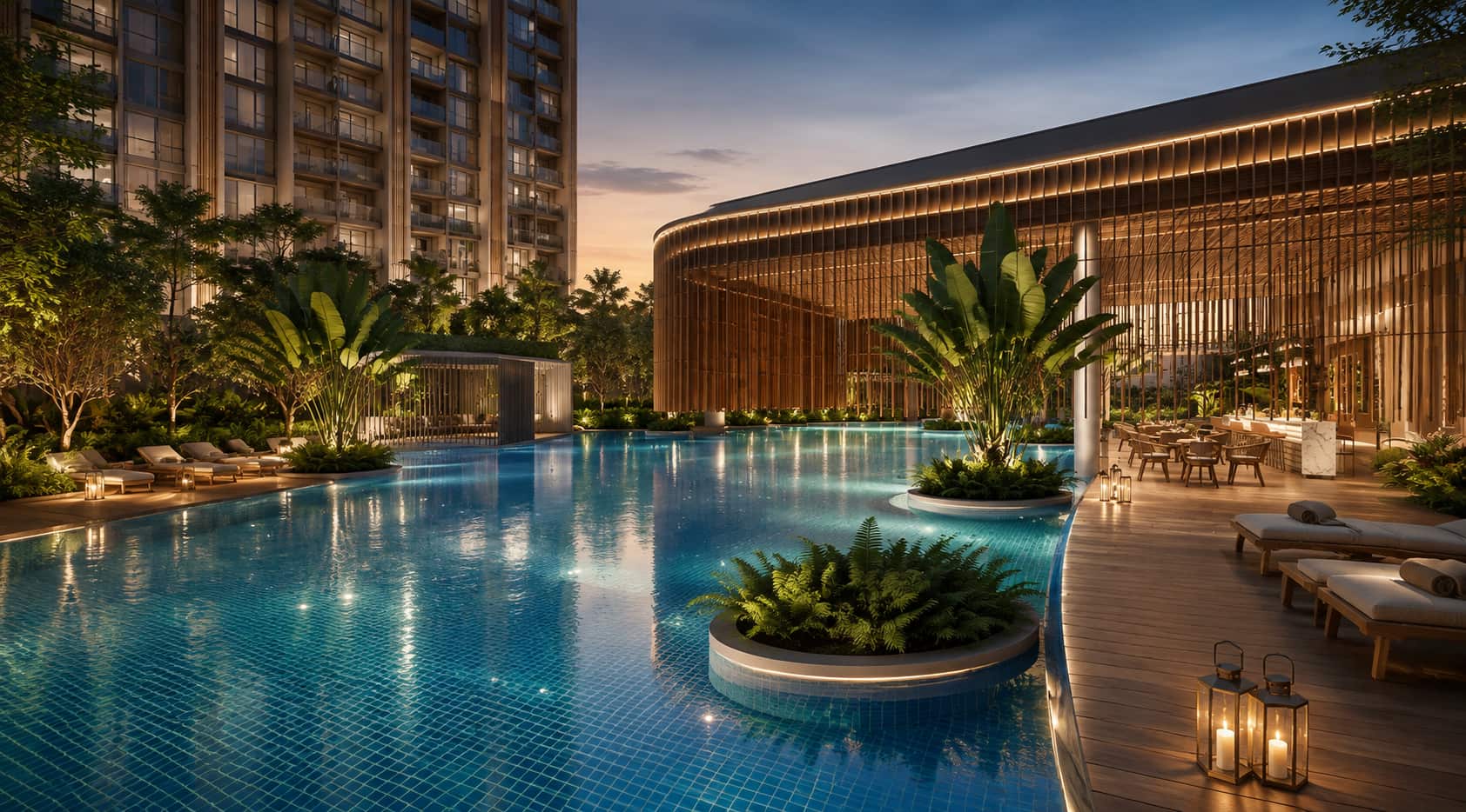 Godrej Reserve, Kandivali East — landscaped pool deck at dusk
