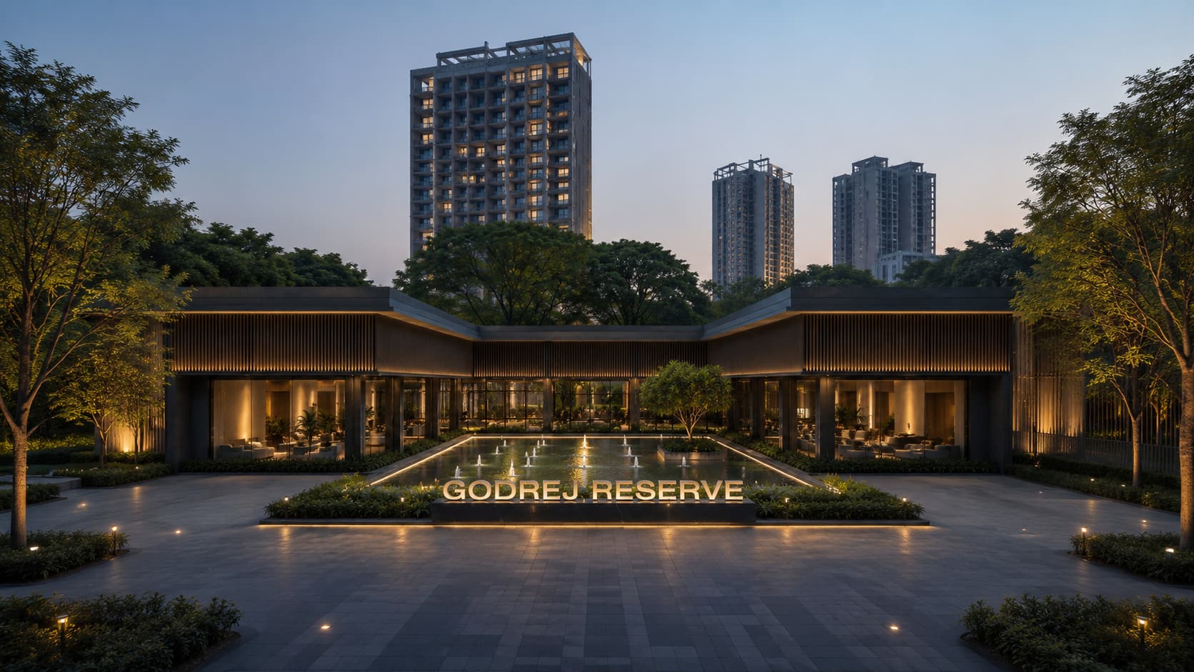 Godrej Reserve, Kandivali East — arrival courtyard at dusk